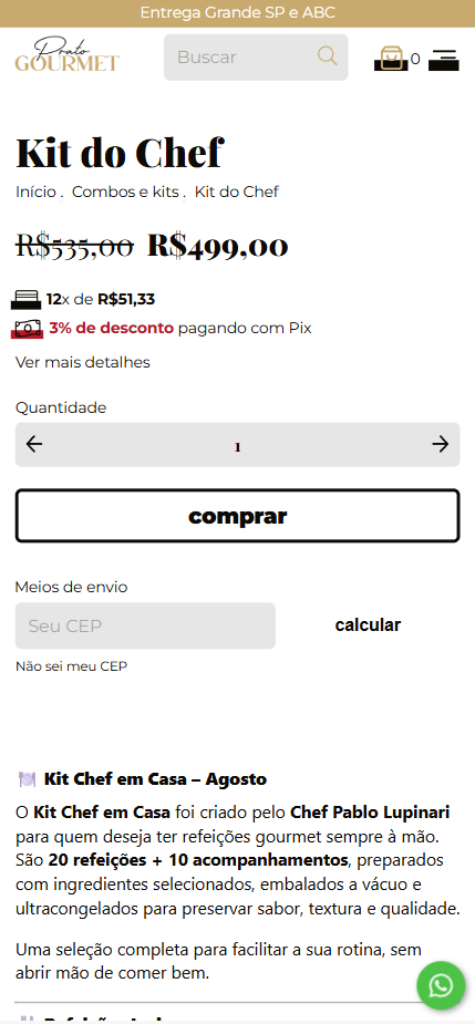 Prato Gourmet — Etapa de compra apresentada